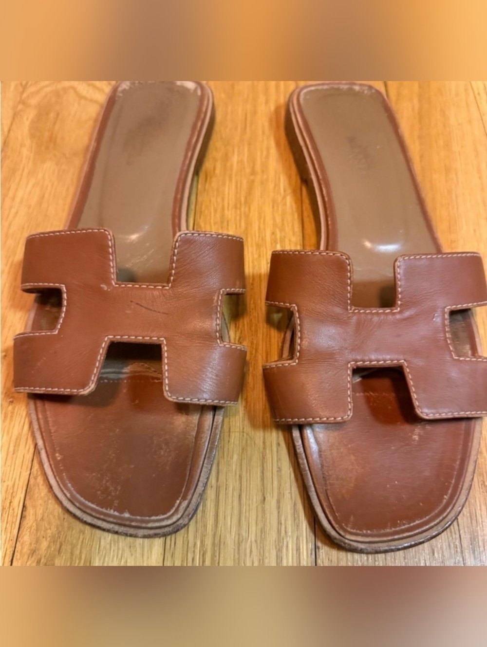 Hermes Oran Brown Leather Slide Sandals - Picture 6 of 9